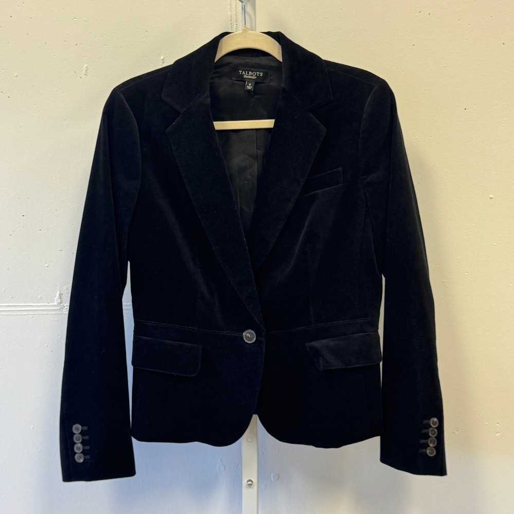 Talbots Black Velvet Blazer Jacket Women's Size 8 Single Button Back Career‎